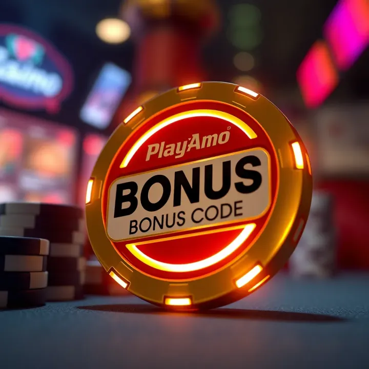 Illustration showing a glowing casino chip with a bonus code tag highlighting extra rewards at PlayAmo