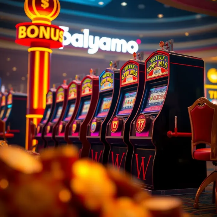 Casino Elements Highlighting Bonus Opportunities Bright casino-themed graphic illustrating various slot machines and bonus coins