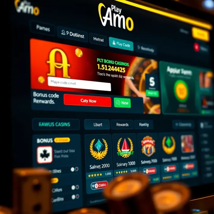 A digital casino interface showing bonus code entry and available rewards