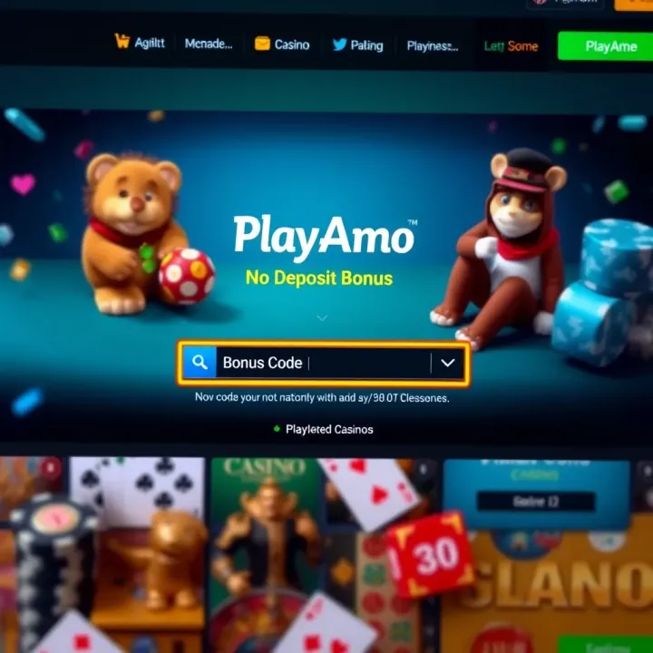 PlayAmo online casino interface highlighting bonus code entry section