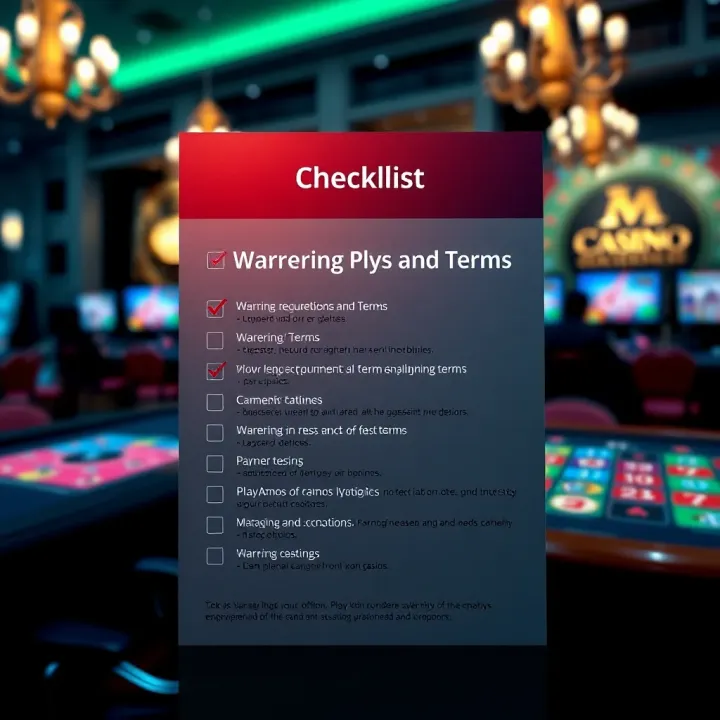 Graphic showing a checklist highlighting wagering requirements and terms on a casino-themed background