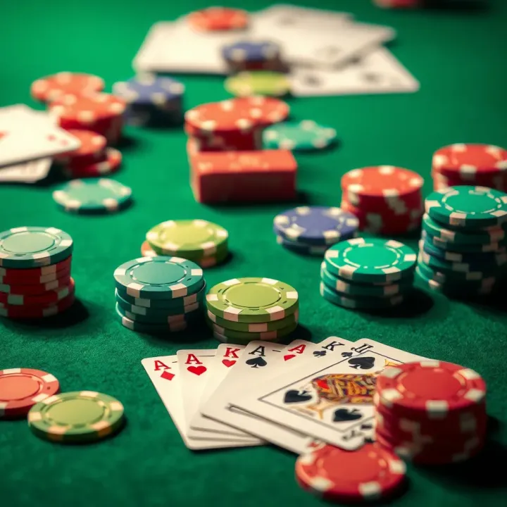 Visual Representation of PlayAmo No Deposit Bonuses with Casino Chips and Cards Colorful casino chips and playing cards on a green felt table symbolizing online gaming and bonuses