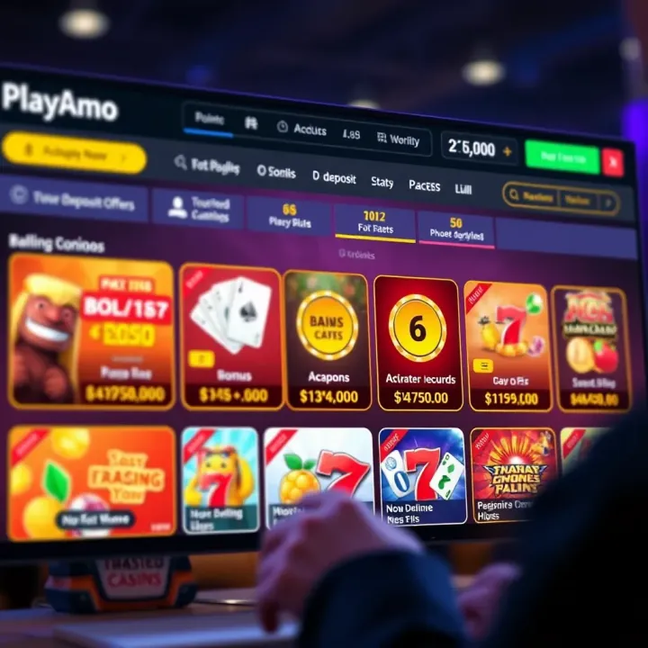 Overview of PlayAmo No Deposit Bonuses Illustration showing a digital casino interface highlighting no deposit bonuses available for players