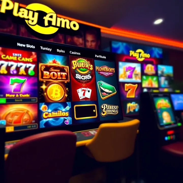 PlayAmo Casino Game Variety with Bitcoin Payments Interface of PlayAmo online casino showcasing diverse slot games and Bitcoin payment option