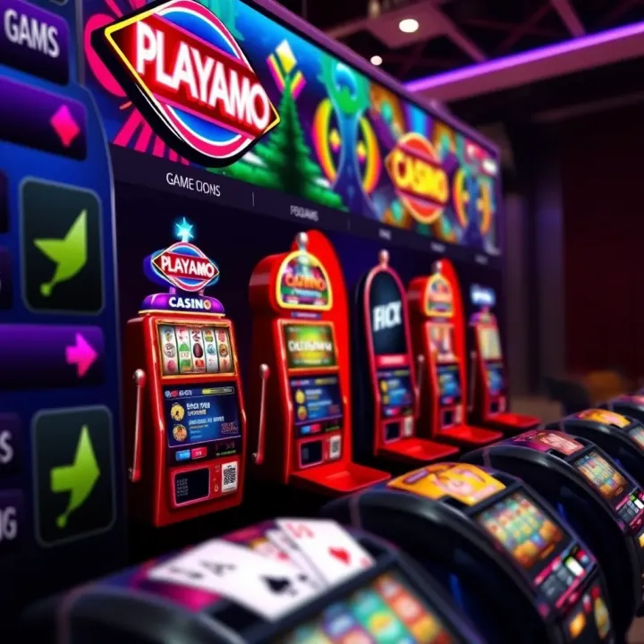 Playamo Casino Game Selection Interface Colorful online casino game interface showcasing slot machines and card games