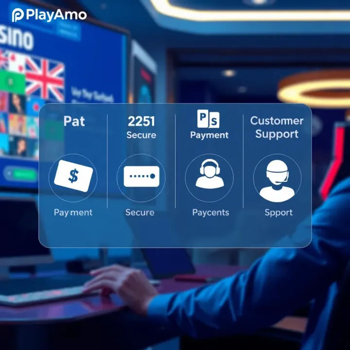 Illustration of secure payment options and customer support icons representing PlayAmo's reliable services