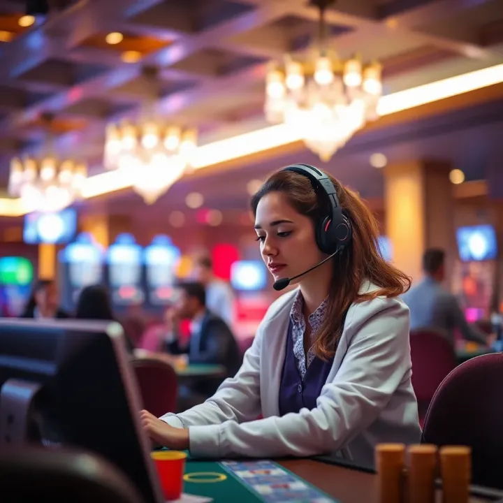 Customer support representative assisting with payment and account inquiries in a casino setting