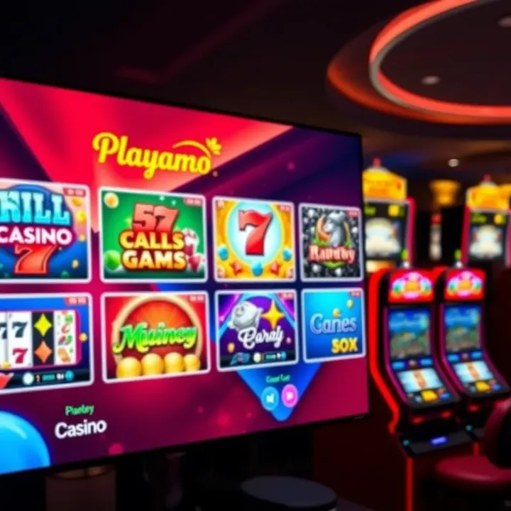 Colorful online casino interface showing slot machines and card games on a digital screen