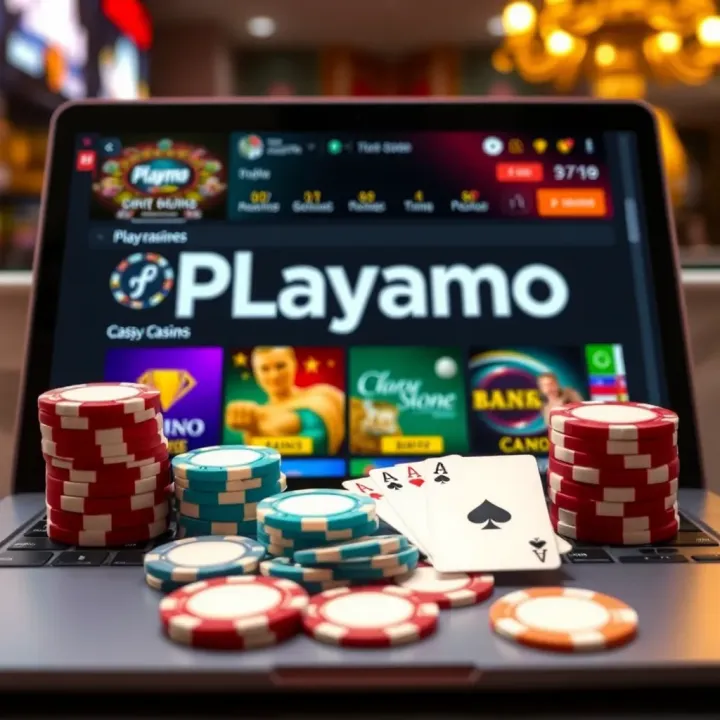 Unlocking Playamo Casino Bonuses with Promo Codes Online casino bonuses and promotional offers displayed on a laptop screen with poker chips and cards