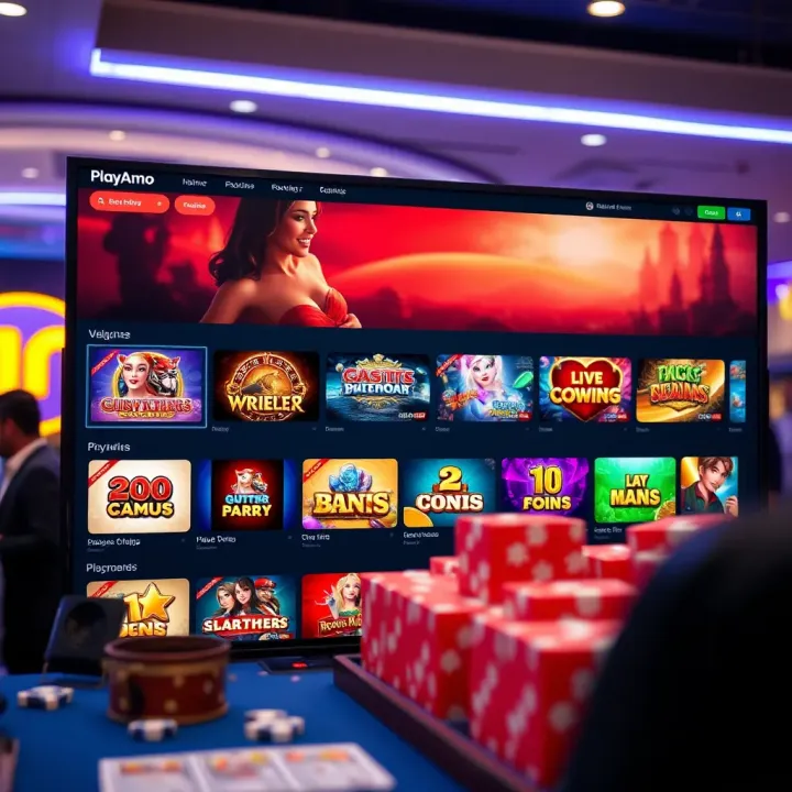 PlayAmo casino interface displaying diverse slot games and live casino options