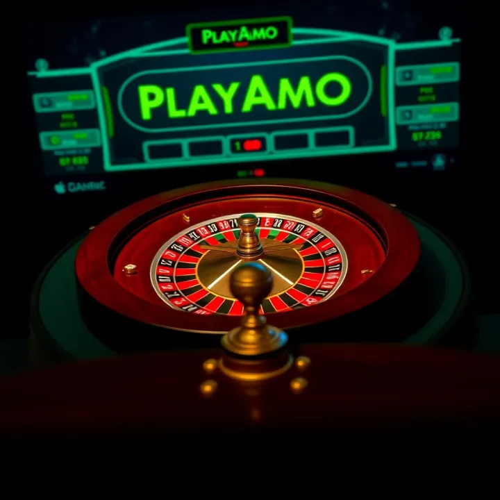 PlayAmo online casino roulette wheel and digital interface on a dark background
