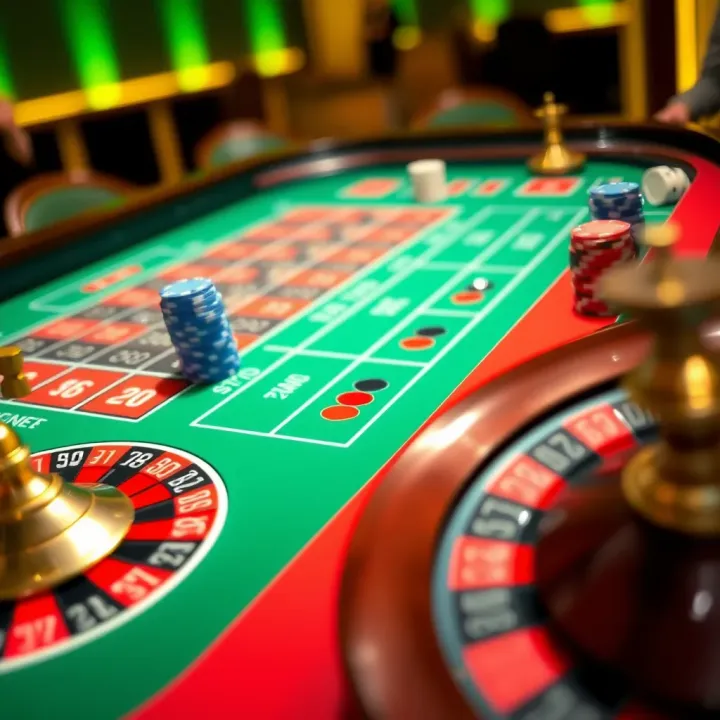 Bright and colorful roulette table layout with chips and betting options