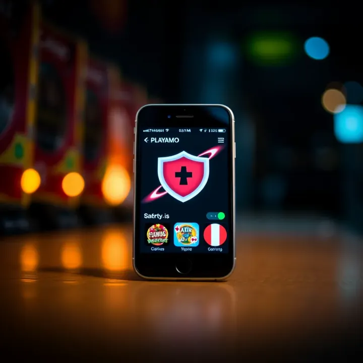 Safety shield icon overlay on a smartphone displaying Playamo casino app for secure gaming