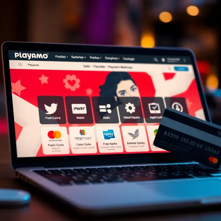 Playamo Safe and Flexible Payment Methods Secure online payment options with digital wallet icons and credit cards on a laptop display