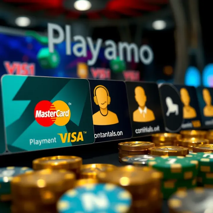 Reliable Payment Methods and Customer Assistance at Playamo Secure online payment symbols with credit cards and digital wallets next to customer support icons