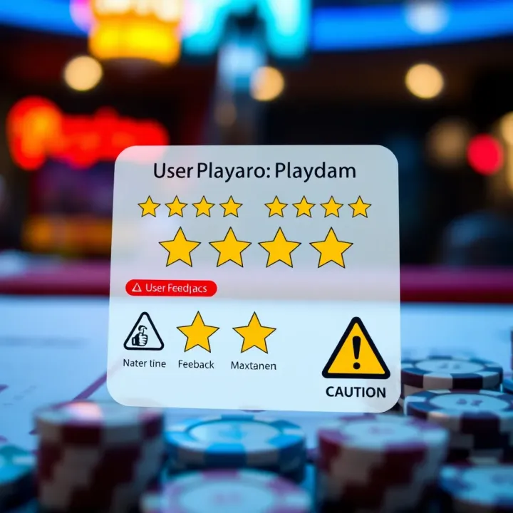 Analyzing User Feedback and Potential Risks on Playamo Graphic depicting user feedback analysis with star ratings and caution symbols