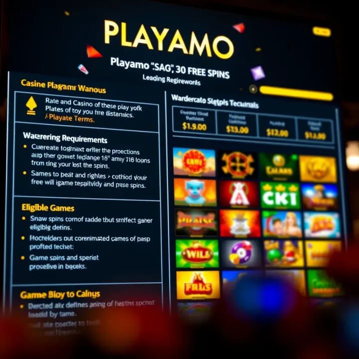 Overview of Wagering Requirements and Eligible Games for Playamo Spins Graphic depicting a casino leaderboard with highlighted wagering terms and game options