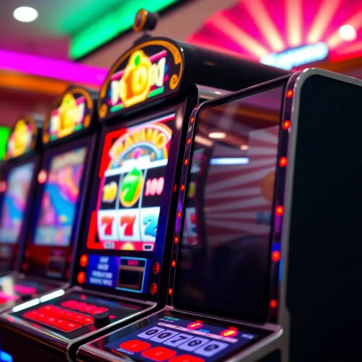 Colorful casino slot machine with spinning reels and bright lights
