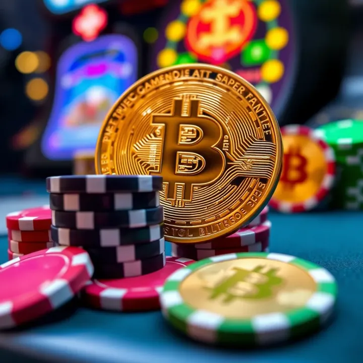 Bitcoin and Casino Chips Highlighting Crypto Gaming Experience Digital Bitcoin coins with casino chips and slot machine symbols representing crypto gambling