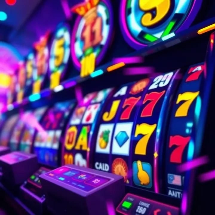 Colorful online pokies interface showing spinning reels with various symbols