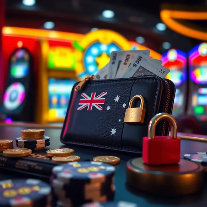 Secure Payment Methods for Online Pokies Digital wallet with Australian currency and secure transaction icons for online gaming