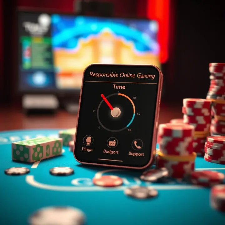 Tools for Responsible Online Gambling Illustration of responsible gaming tools including a timer, budget settings, and support icons for safe online gambling