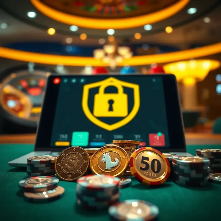 Conceptual graphic illustrating secure online casino environment with bonus coins and offer icons