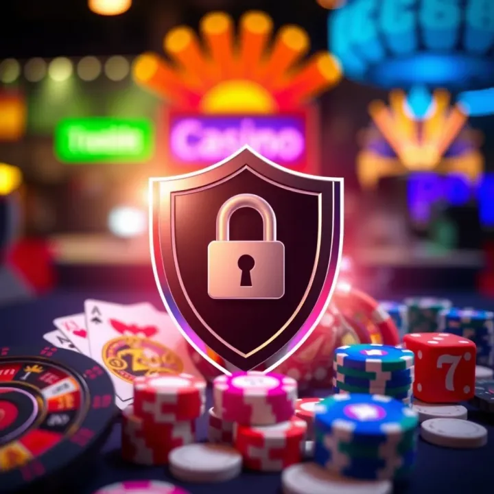 Conceptual graphic showing safe online gambling practices with a secure shield and casino icons