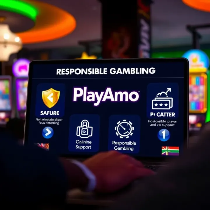 Graphic depicting secure online registration with icons representing safety, responsible gambling, and Australian player support