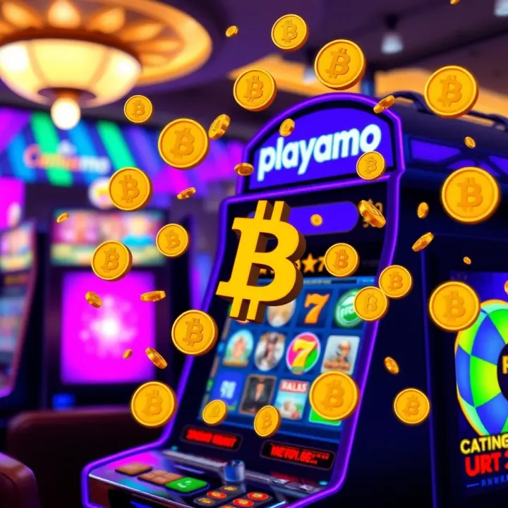 Illustration of various cryptocurrency symbols surrounding a casino slot machine
