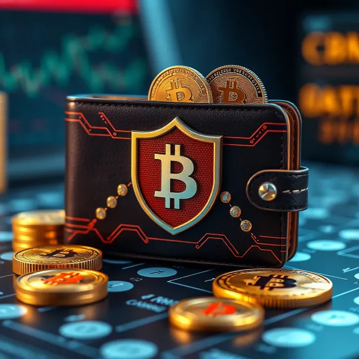 Secure digital wallet with crypto coins and a shield symbolizing protection