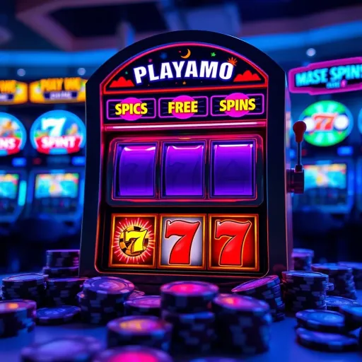 Illustration showing a slot machine with glowing free spin icons and casino chips around