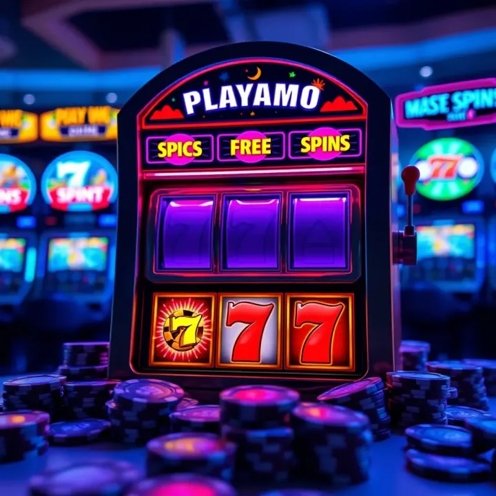 Exploring Playamo Free Spins No Deposit Promotions Illustration showing a slot machine with glowing free spin icons and casino chips around