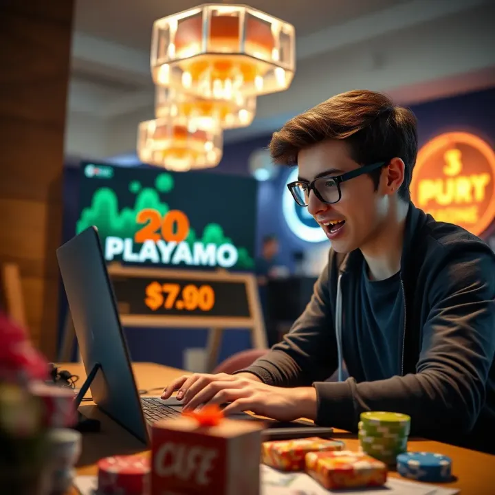 Excited player exploring online casino bonuses on a laptop
