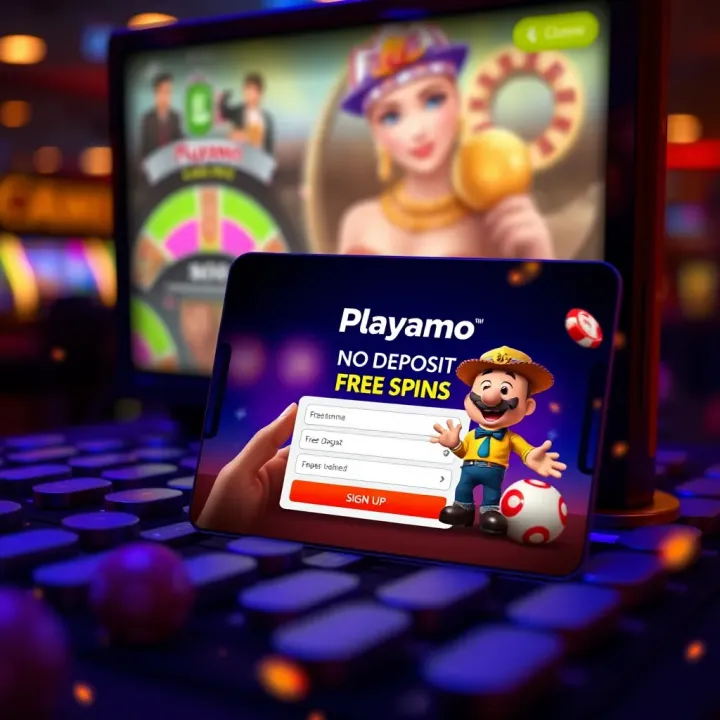 Playamo No Deposit Free Spins Sign-Up and Promotion Display Illustration of a mobile device displaying Playamo casino's sign-up page with free spins promotion highlighted