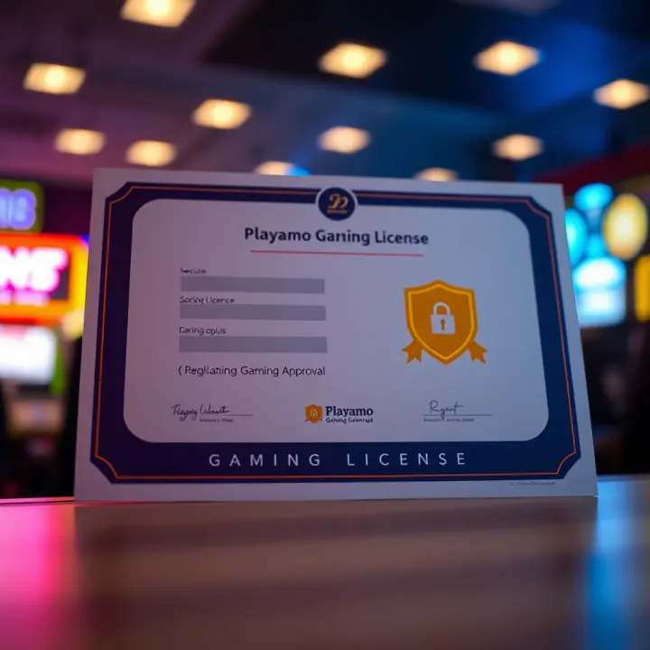 Illustration of a secure digital gaming licence certificate displaying Playamo brand with shield icon symbolizing regulatory approval