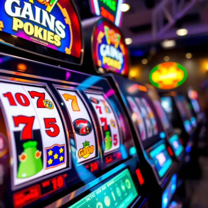 Colorful pokies machine reels with various symbols and bright lights