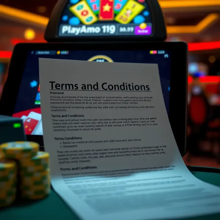 Promo Code Terms and Conditions at PlayAmo Casino Visual representation of terms and conditions document alongside a casino game interface