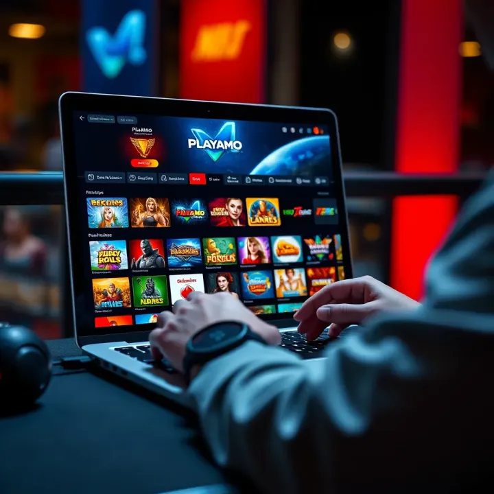 User navigating Playamo online casino on a laptop with various game categories visible